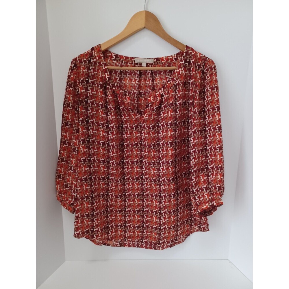 Banana Republic Orange Red Tan Mod Houndstooth Blouse Small 3/4 sleeve